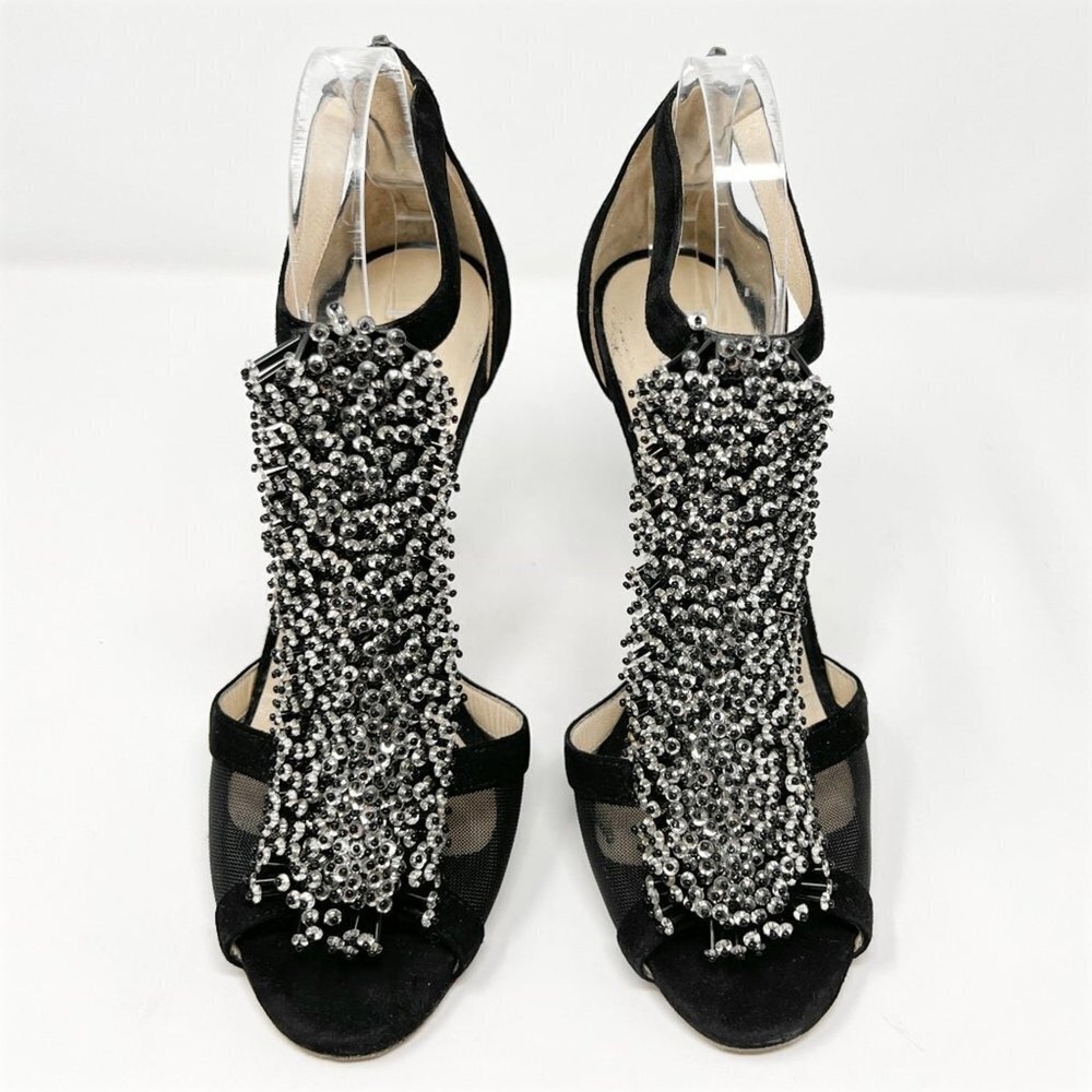 Jimmy Choo Crystal‎ Fringe Mesh T Strap Heels Black Suede 39 - Picture 2 of 9